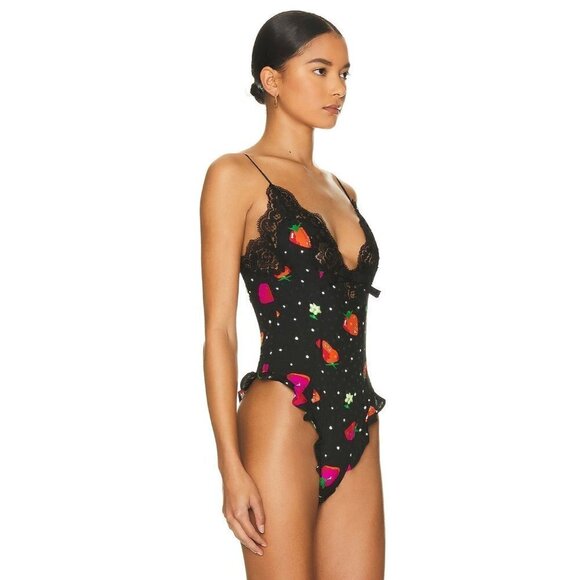 Alessandra Rich Strawberry Print Silk Jacquard Bodysuit in Black 42 New Womens - Picture 4 of 15